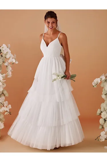 Romantic Tulle Layered Wedding Spaghetti Straps Dresses