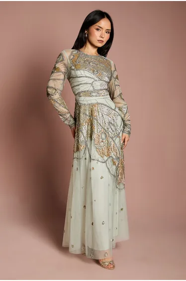 فستان ماكسي مزين يدويا بأحجار - للمقاسات الصغيرة