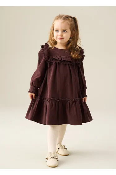 Avery Cord Lace Trim Dress - Brown