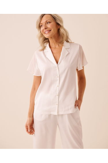 Beaded Satin and Chiffon Button-Down Shirt