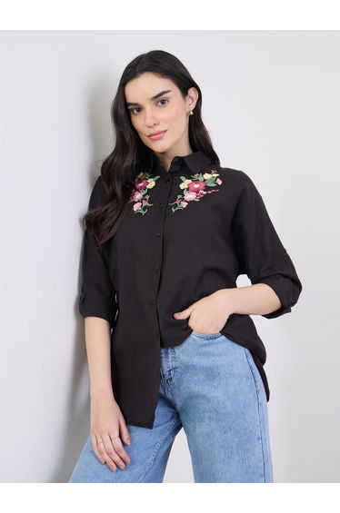 Embroidered Yoke Oversized Shirt with Roll-Up Sleeves