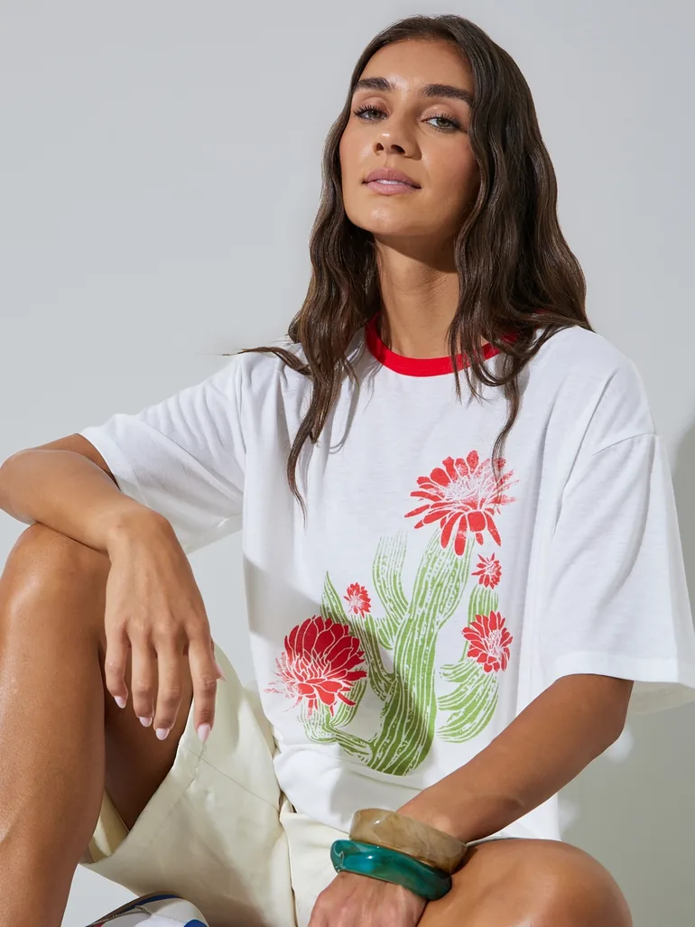 White Floral Print Oversize T-shirt - 1