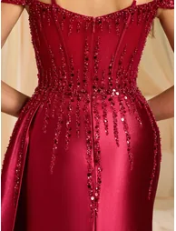 Modecrush Column Spaghetti Beaded Sweetheart Split Tight Dress - 8