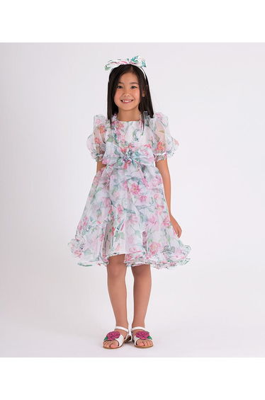 Girls Organza Ruffle Rose Dress in White