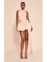 Blush Textured Boat Neck Puffball Mini Dress