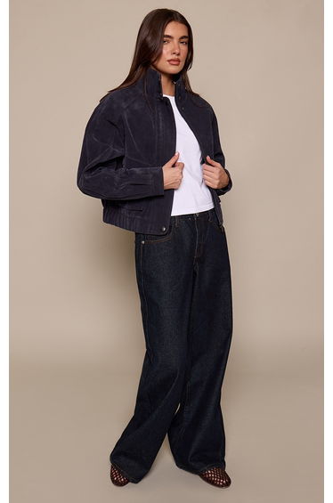 Navy High Neck Utility Pocket Cropped Suede Bomber