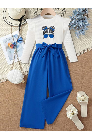 Girls Graphic Print Ruffle Hem Top with Wide Leg Pants Set
