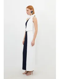Tailored Satin Back Crepe Tie Neck Contrast Panel Maxi Dress - 2