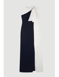 Tailored Satin Back Crepe Tie Neck Contrast Panel Maxi Dress - 3