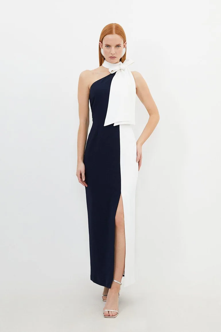 Tailored Satin Back Crepe Tie Neck Contrast Panel Maxi Dress