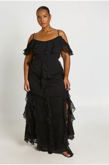 Plus Chiffon Ruffle Cold Shoulder Maxi Dress - black