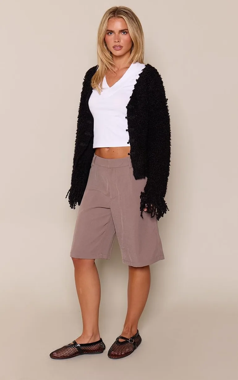 Petite Black Boucle Fringe Collar Toggle Front Long Sleeve Knitted Cardigan - 2