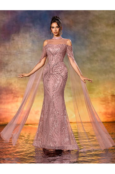 Modecrush Off-Shoulder Mesh Formal Dress Elegant Prom Evening Gown