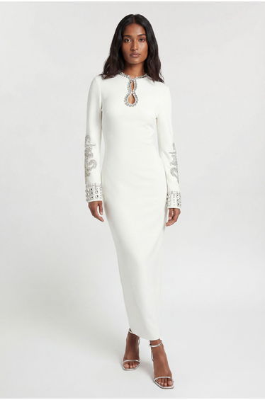 Figure Form Bandage Knit Embellished Wide Sleeve Midi Dress