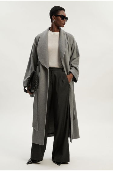Brushed Wool Belted Wrap Tailored Maxi Coat
