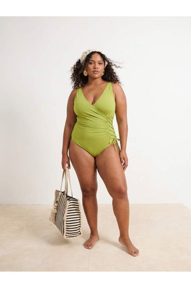 Oil Green Double-Breasted Tie Detailed Plus Size Swimwear