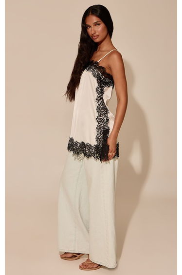 White Satin Contrast Lace Top