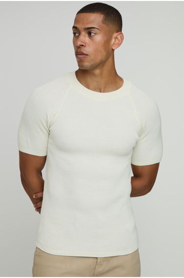 Muscle Fit Raglan Ribbed Knitted T-Shirt - ecru