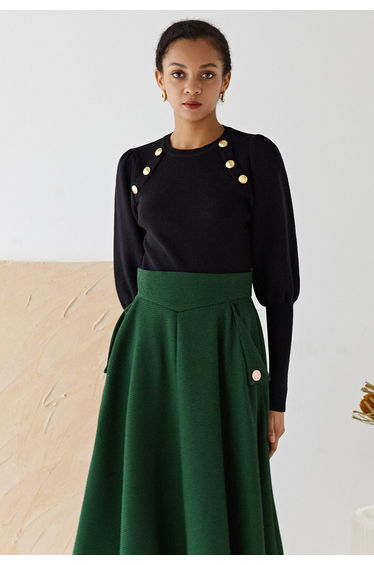 Bubble Sleeves Button Trimmed Knit Top in Black