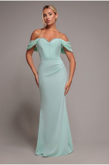 Off The Shoulder Draped Sleeve Maxi Dress With Diamante Neckline