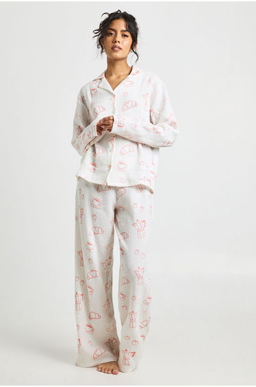 Breakfast Print Textured Long Sleeve Shirt & Trouser Pyjama 3 Piece Set - white