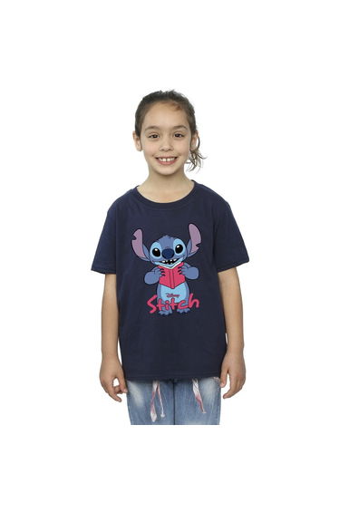 Lilo & Stitch Girls Reading Standing Cotton T-Shirt - Navy Blue