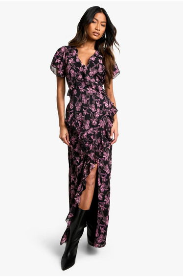 Floral V Neck Split Maxi Dress - black