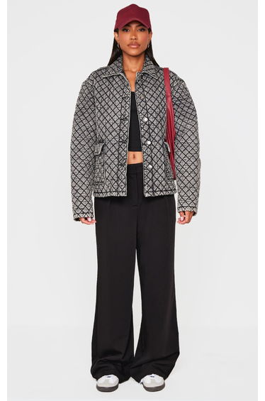 Grey Quilted Effect Pocket Detail Denim Jacket