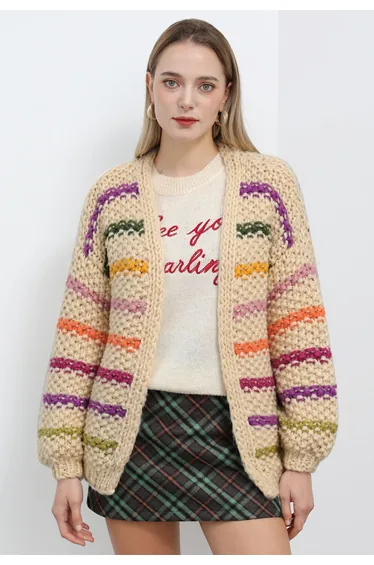 Colorful Stripe Open Front Hand Knit Cardigan