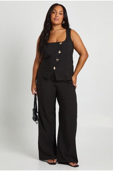 Plus Asymmetric Gold Trim Detail Waistcoat And Wide Leg Tailored Trouser Co Ord - black