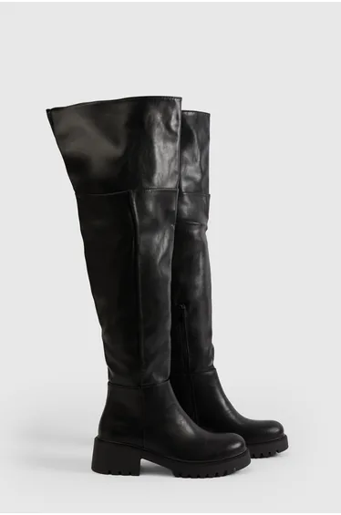 Chunky Block Heel Knee High Boots - black