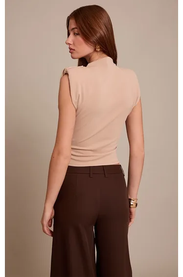 Tan Shoulder Pad Pleated Boat Neck Top
