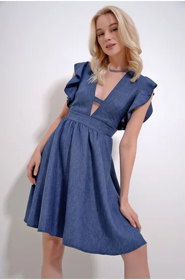 Women's Indigo V-Neck Flounce Sleeves Back Zippered Aerobin Linen Woven Dress