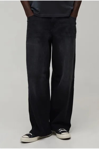 Supper Baggy Back Pocket Embroidered Jeans - washed black