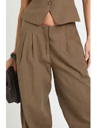 Linen Look Pleated Balloon Trousers - brown - 3