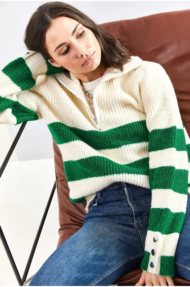 سويتر محبوك مخطط بياقة تيرتيل بسحاب بأزرار 