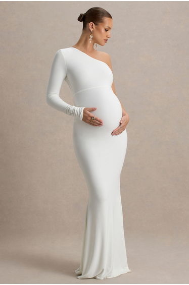 Heloise | White Asymmetric One-Sleeve Maternity Maxi Dress