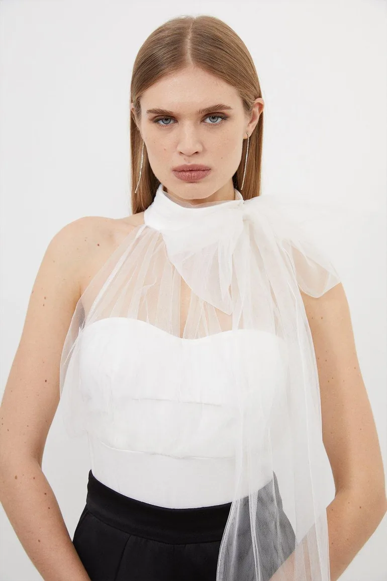 Bow Neck Tulle And Ponte Jersey Bodysuit - 1