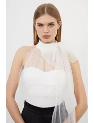 Bow Neck Tulle And Ponte Jersey Bodysuit - 1