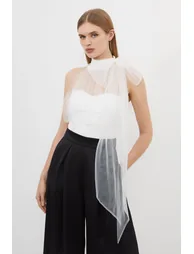 Bow Neck Tulle And Ponte Jersey Bodysuit