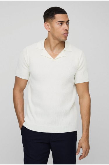 Regular Fit Ribbed Revere Knitted Polo - bone