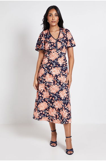 Petite Zip Flare Sleeve Midi Dress