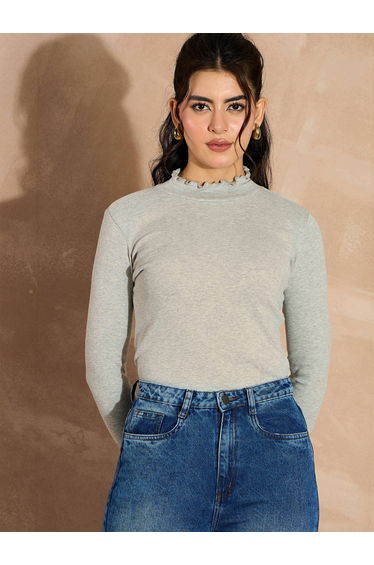 Ribbed High Neck Long Sleeve Top