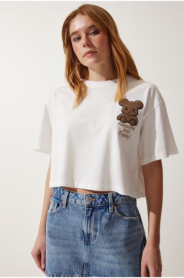 Women's Ecru Teddy Bear Crest Crop Knitted T-Shirt