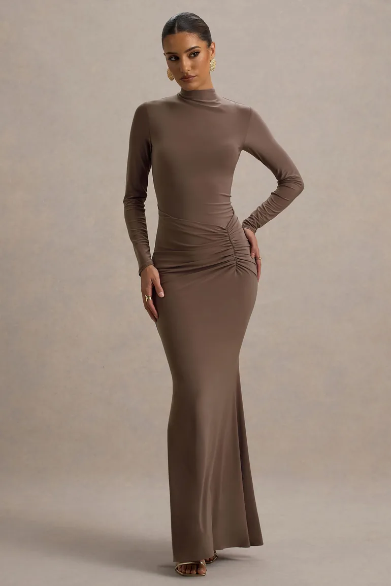 Reid | Brown Long-Sleeve Gathered Maxi Dress - 3