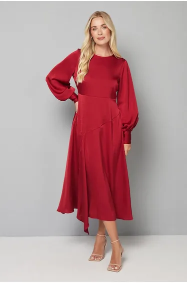 Petite Asymmetric Angled Seam Crew Neck Midi Dress