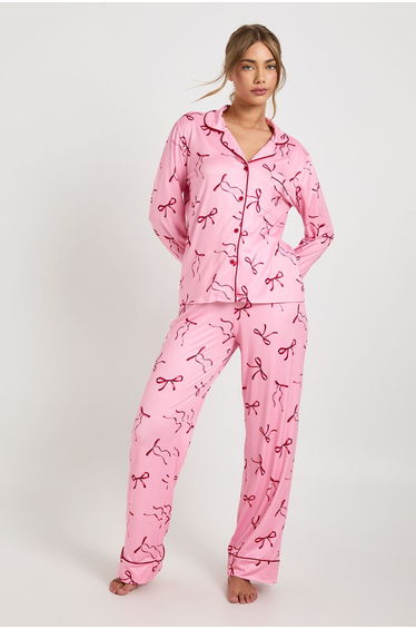 Mixed Bow Print Long Sleeve Shirt & Trouser 3 Piece Pyjama Set - pink