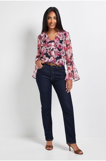 Petite Floral Lace Trim Ruffle Blouse