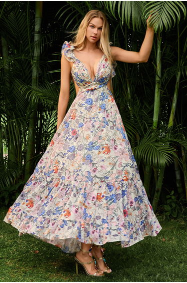 Brigitte Floral Pleated Backless Lace Up Maxi Dress