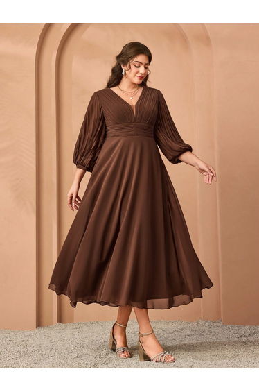 Leely Plus Women's Elegant V Neck Bishop Sleeve Party Dress